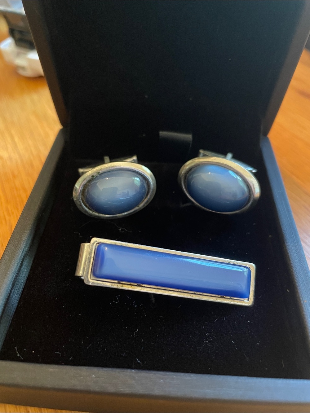 Men's Blue Cufflinks and Tie Clip Set - Silver Tone
